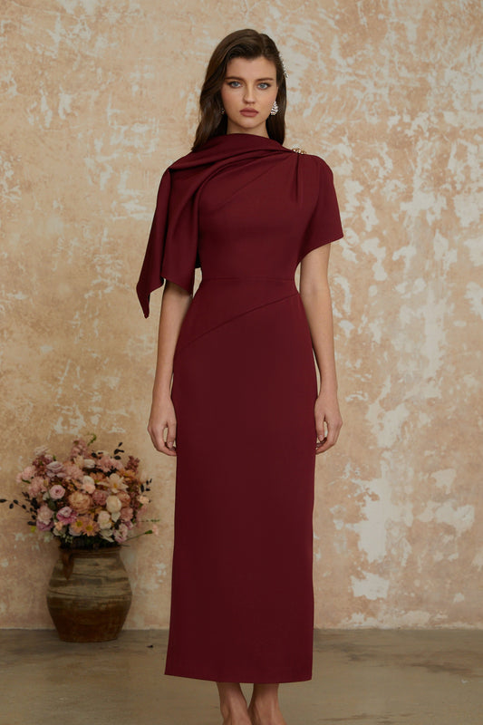 Wren Bordo Asimetrik Pelerinli Maxi Elbise