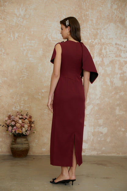 Wren Burgundy Asymmetrical Cape Maxi Dress