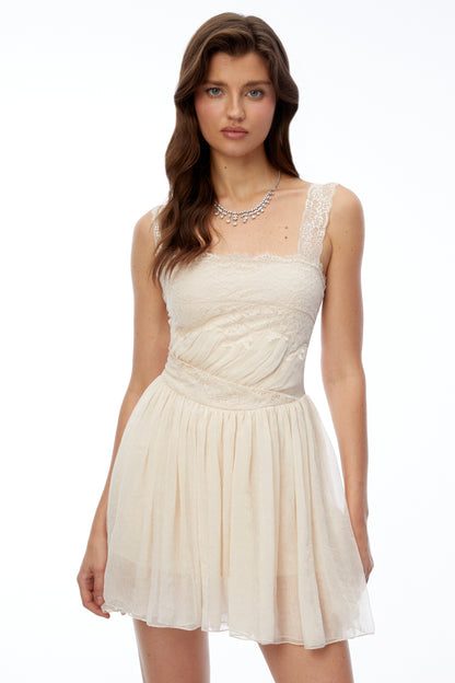 Wren Cream Square Neck Lace Pleated Mini Dress