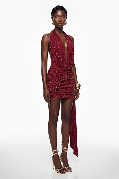 Xanthe Burgundy Beaded Mini Dress with Ribbon Detail