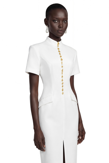 Xanthe White Stand Collar Gold Button Slit Midi Dress