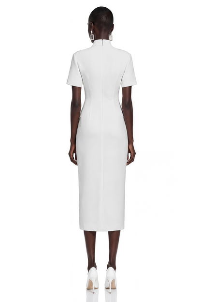 Xanthe White Stand Collar Gold Button Slit Midi Dress