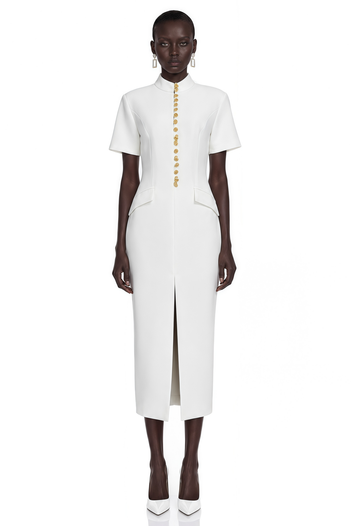 Xanthe White Stand Collar Gold Button Slit Midi Dress