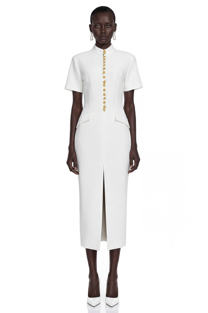 Xanthe White Stand Collar Gold Button Slit Midi Dress