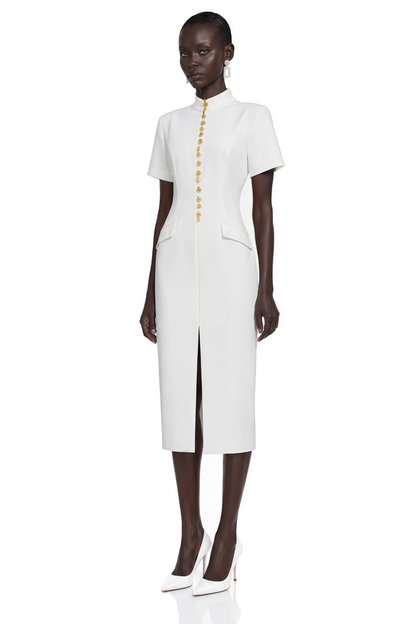 Xanthe White Stand Collar Gold Button Slit Midi Dress