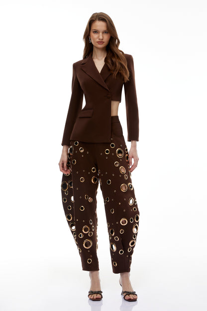 Xaviera Chocolate Brown Asymmetrical Blazer & Cut-Out Trouser Set