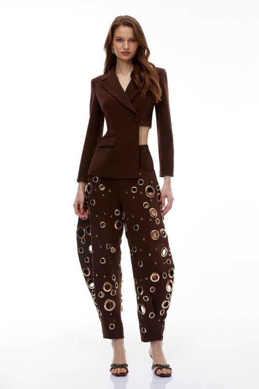 Xaviera Chocolate Brown Asymmetrical Blazer & Cut-Out Trouser Set