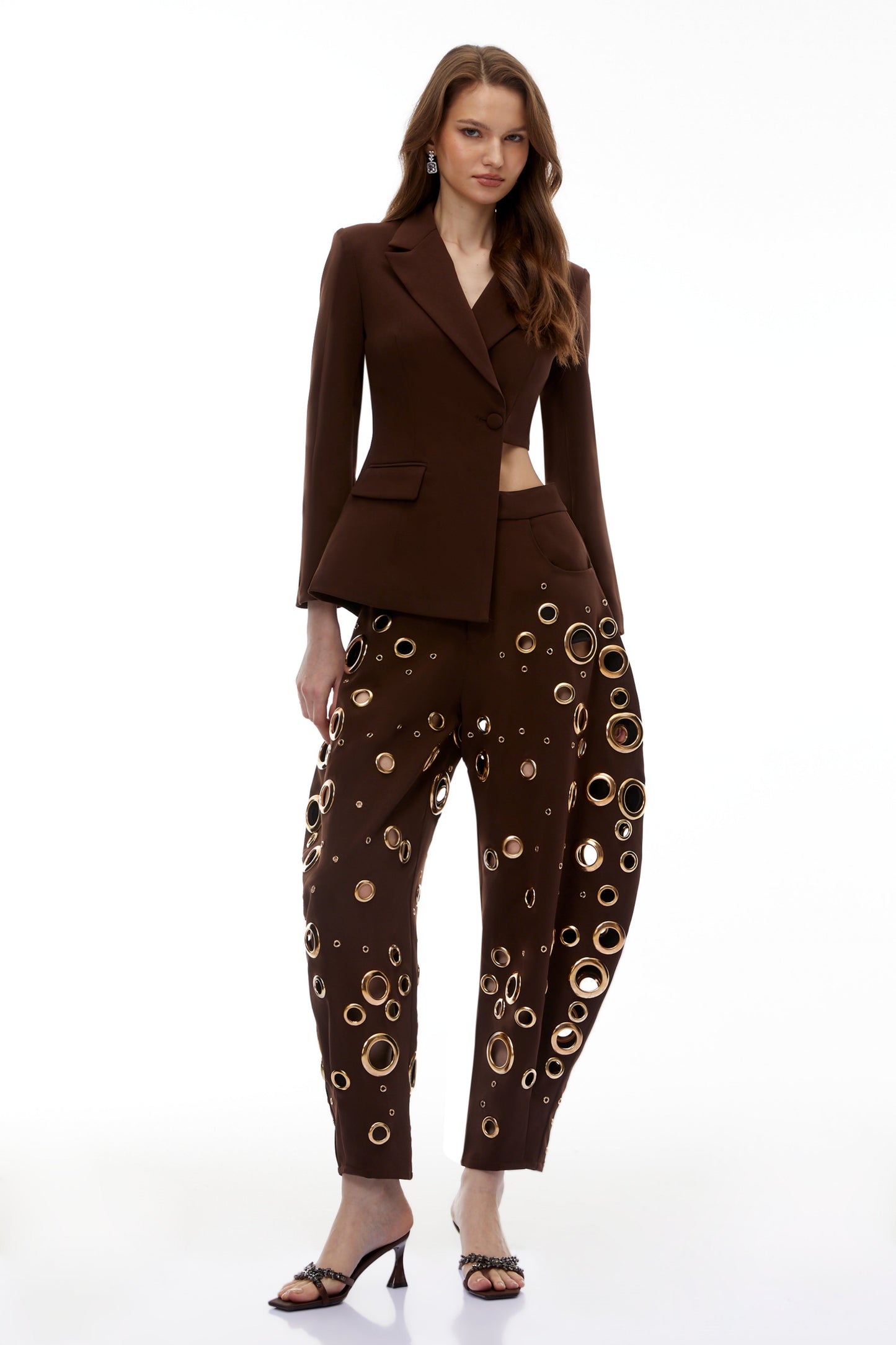 Xaviera Chocolate Brown Asymmetrical Blazer & Cut-Out Trouser Set