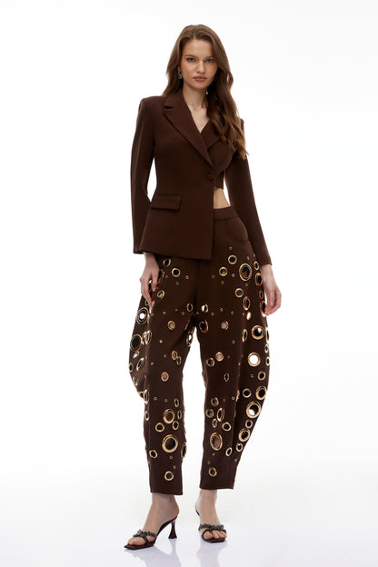 Xaviera Chocolate Brown Asymmetrical Blazer & Cut-Out Trouser Set