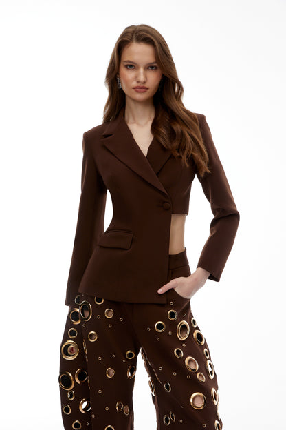 Xaviera Chocolate Brown Asymmetrical Blazer & Cut-Out Trouser Set