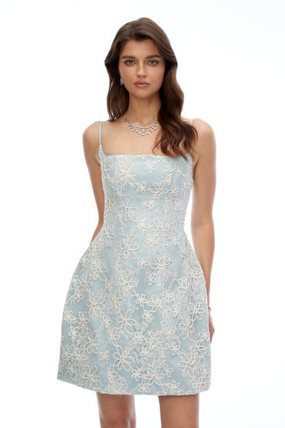 Xena Blue Square Neck Floral Embroidered Mini Dress