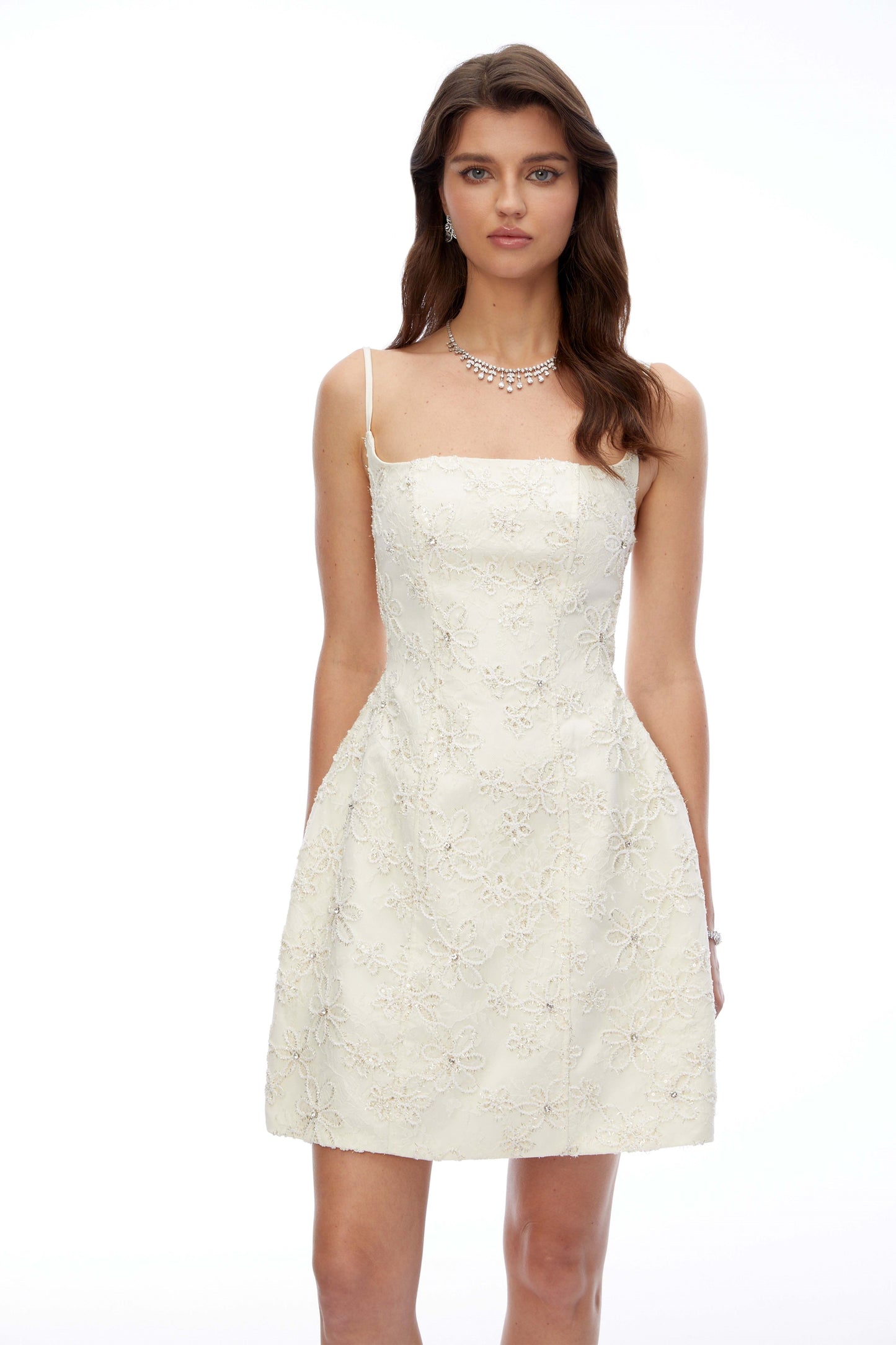 Xena Cream Square Neck Floral Embroidered Mini Dress