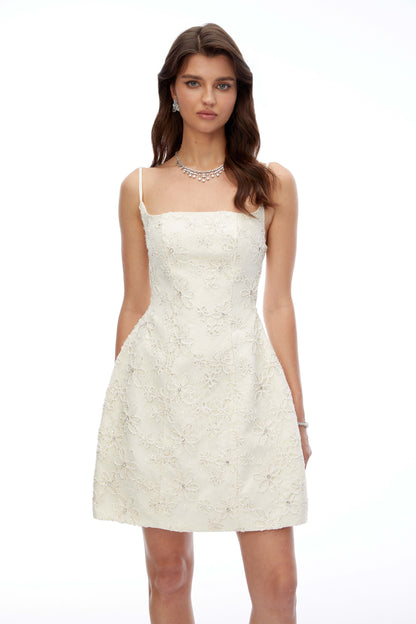 Xena Cream Square Neck Floral Embroidered Mini Dress