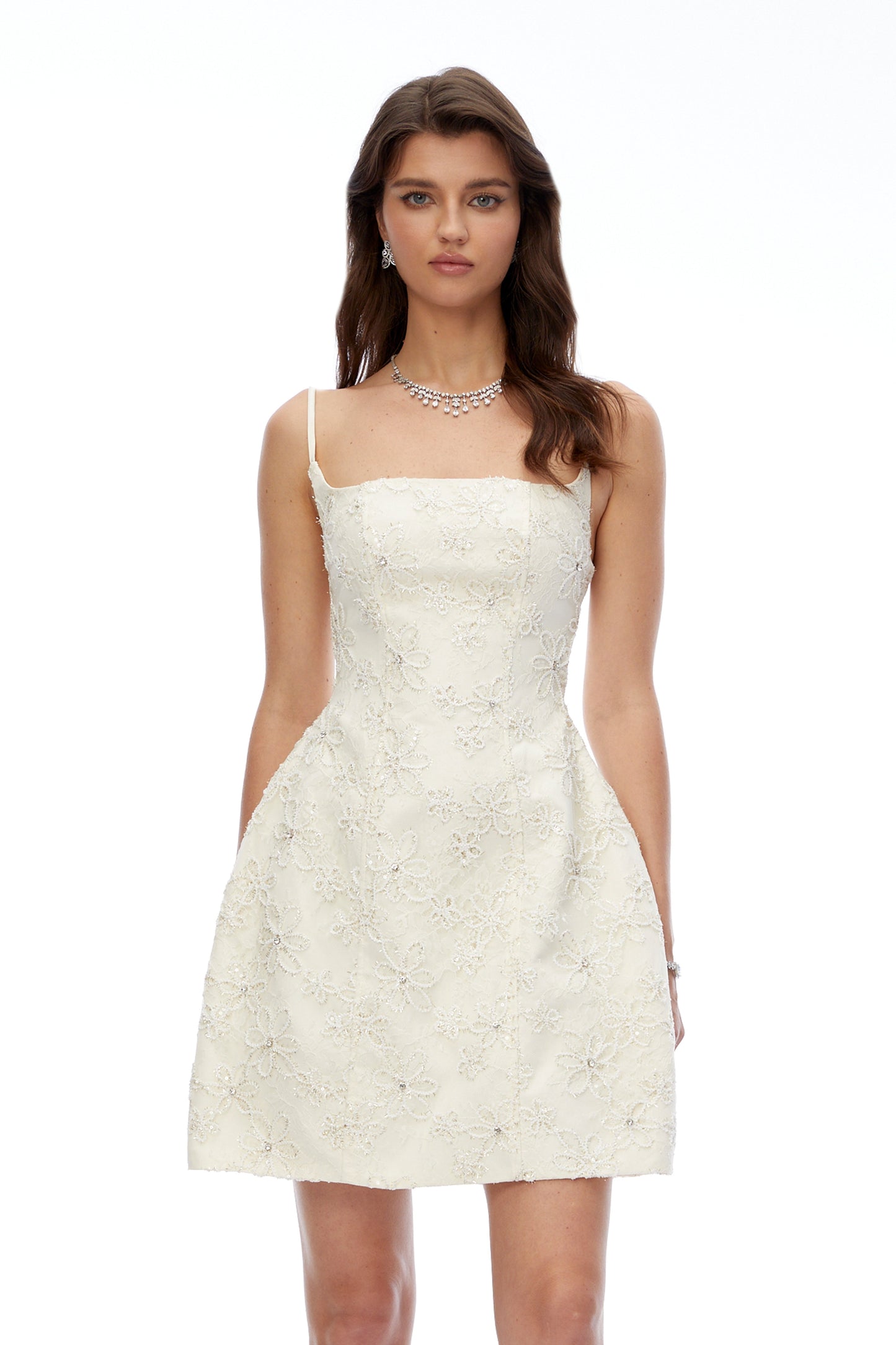 Xena Cream Square Neck Floral Embroidered Mini Dress