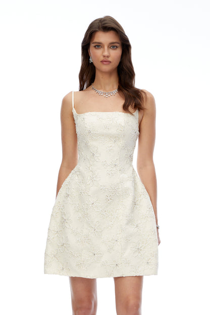 Xena Cream Square Neck Floral Embroidered Mini Dress