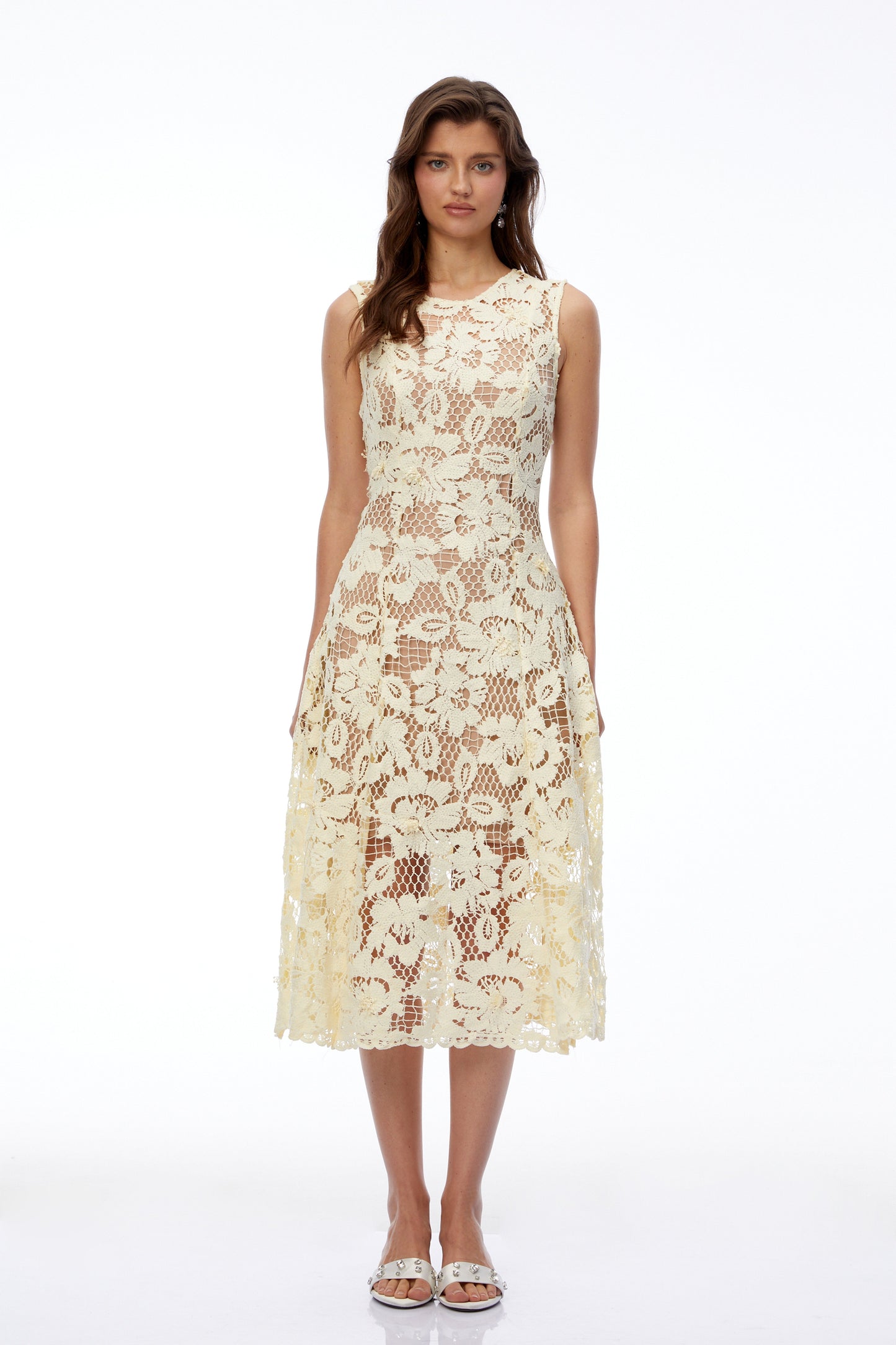 Xenia Pale Yellow Round Neck Floral Lace Midi Dress