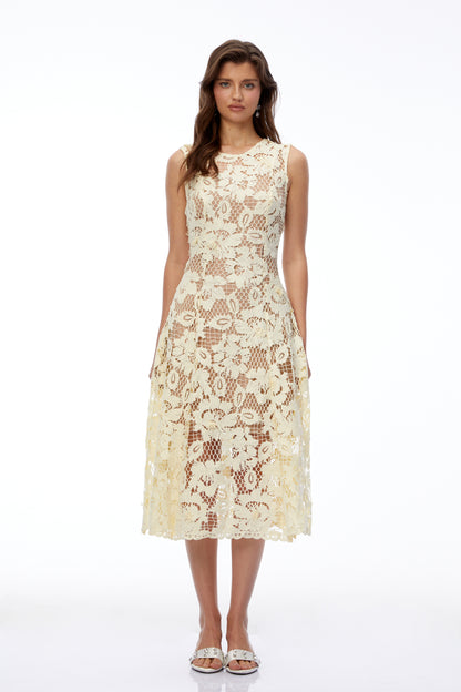 Xenia Pale Yellow Round Neck Floral Lace Midi Dress
