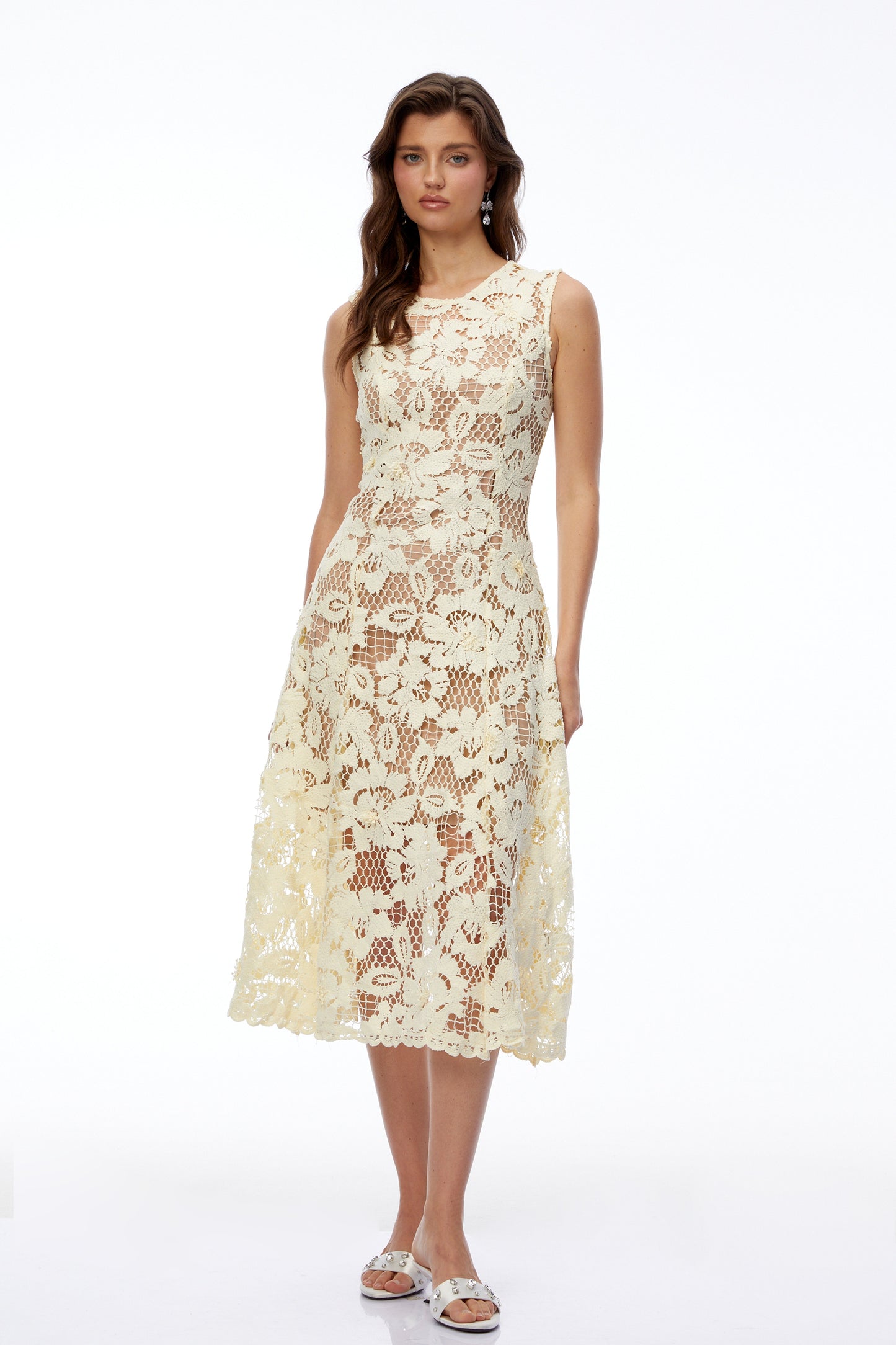 Xenia Pale Yellow Round Neck Floral Lace Midi Dress
