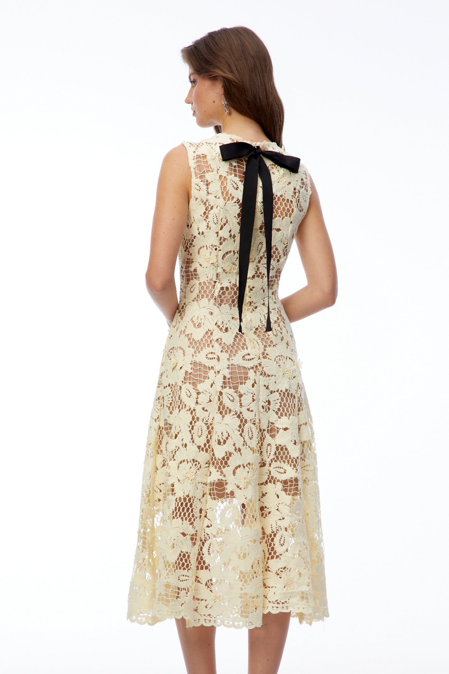 Xenia Pale Yellow Round Neck Floral Lace Midi Dress