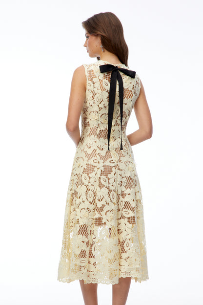 Xenia Pale Yellow Round Neck Floral Lace Midi Dress