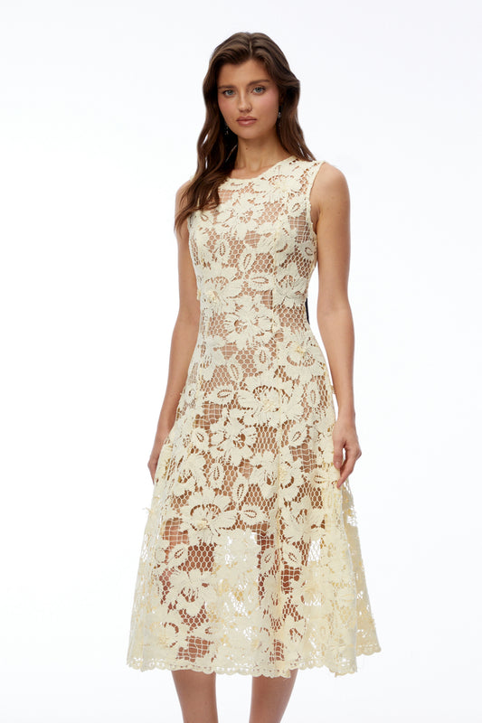 Xenia Pale Yellow Round Neck Floral Lace Midi Dress