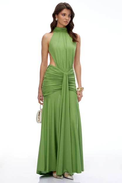 Xia Green Turtleneck Ruched Maxi Dress with Cut-Outs