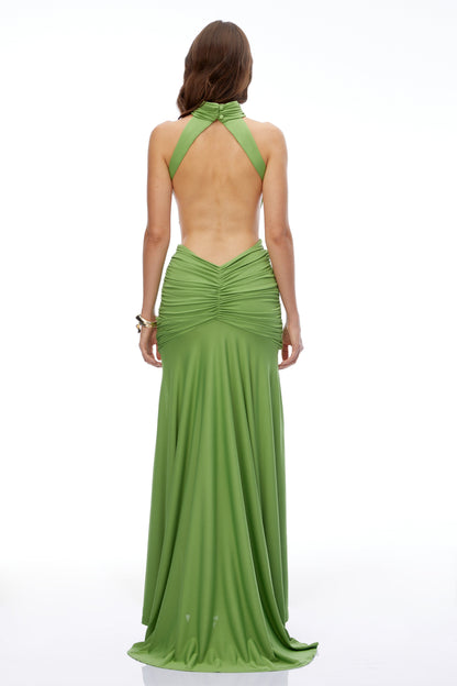 Xia Green Turtleneck Ruched Maxi Dress with Cut-Outs