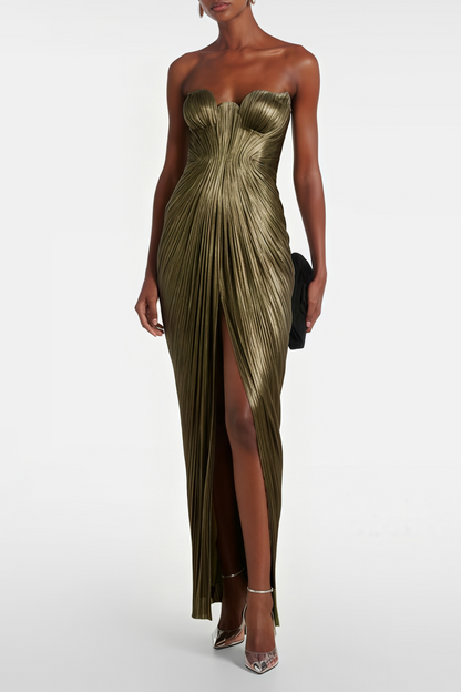 Xrystyna Gold Metallic Ruched Maxi Dress