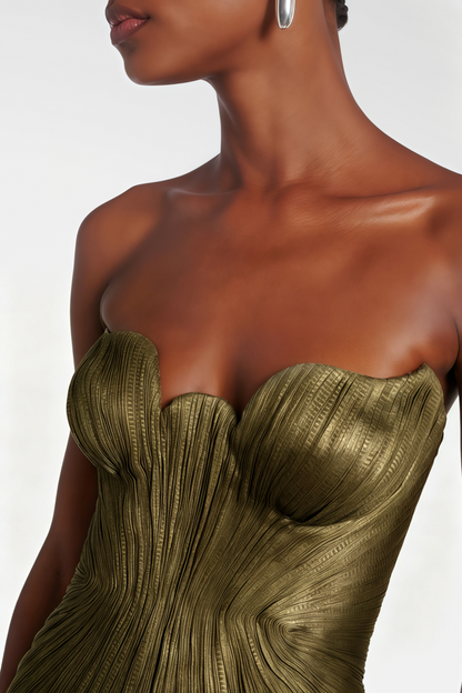 Xrystyna Gold Metallic Ruched Maxi Dress