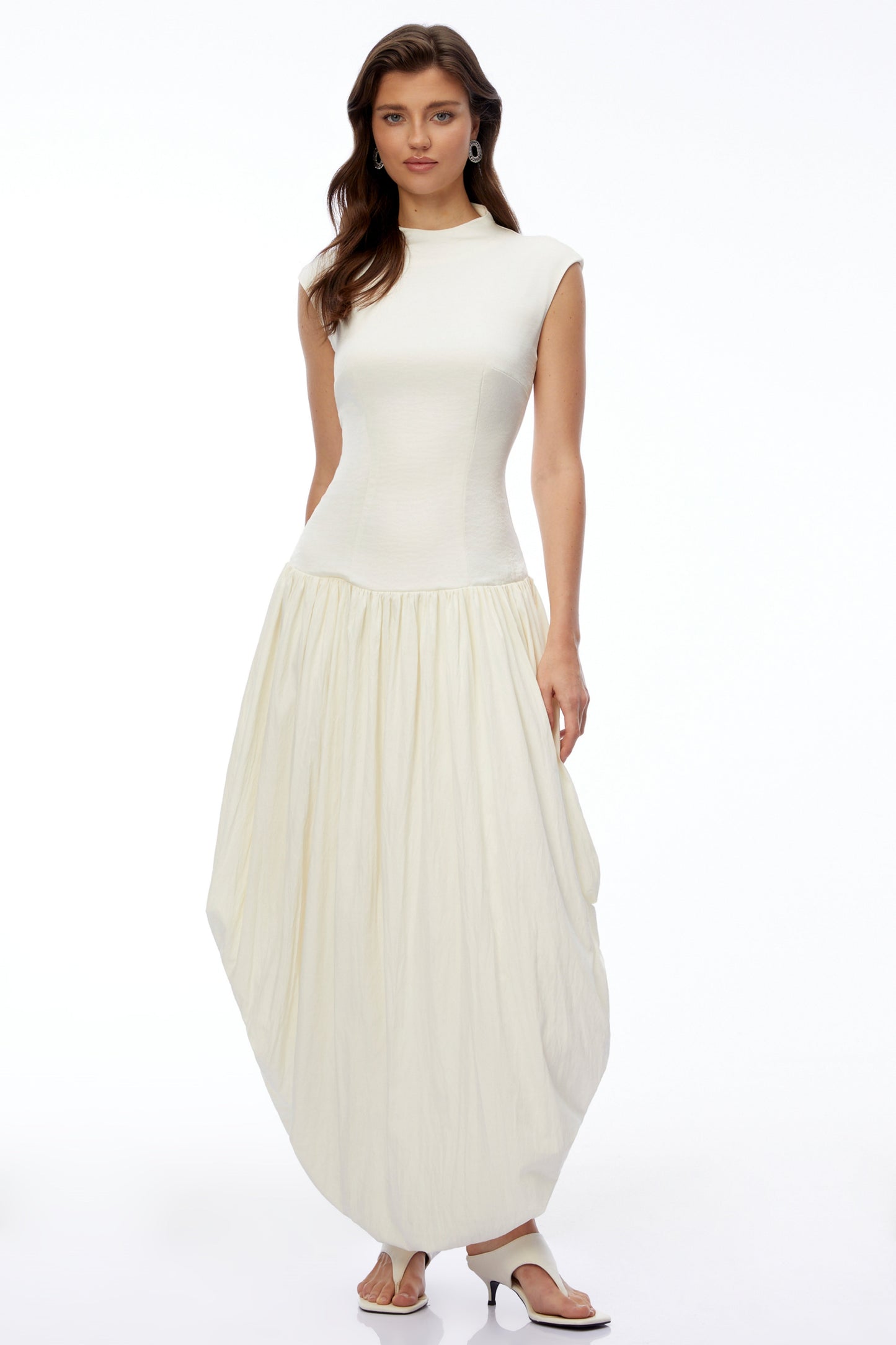 Xyla Ivory White Ruched Maxi Dress with Asymmetrical Hem