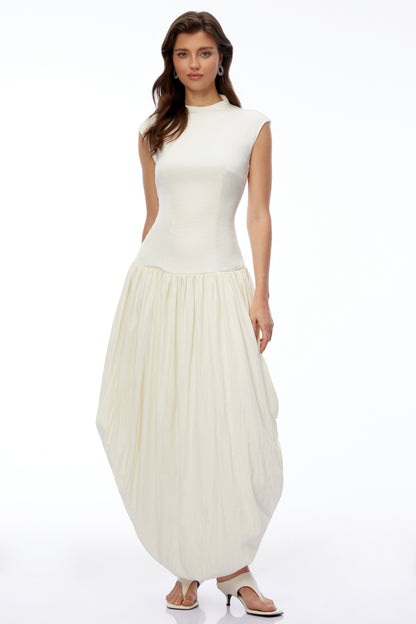 Xyla Ivory White Ruched Maxi Dress with Asymmetrical Hem