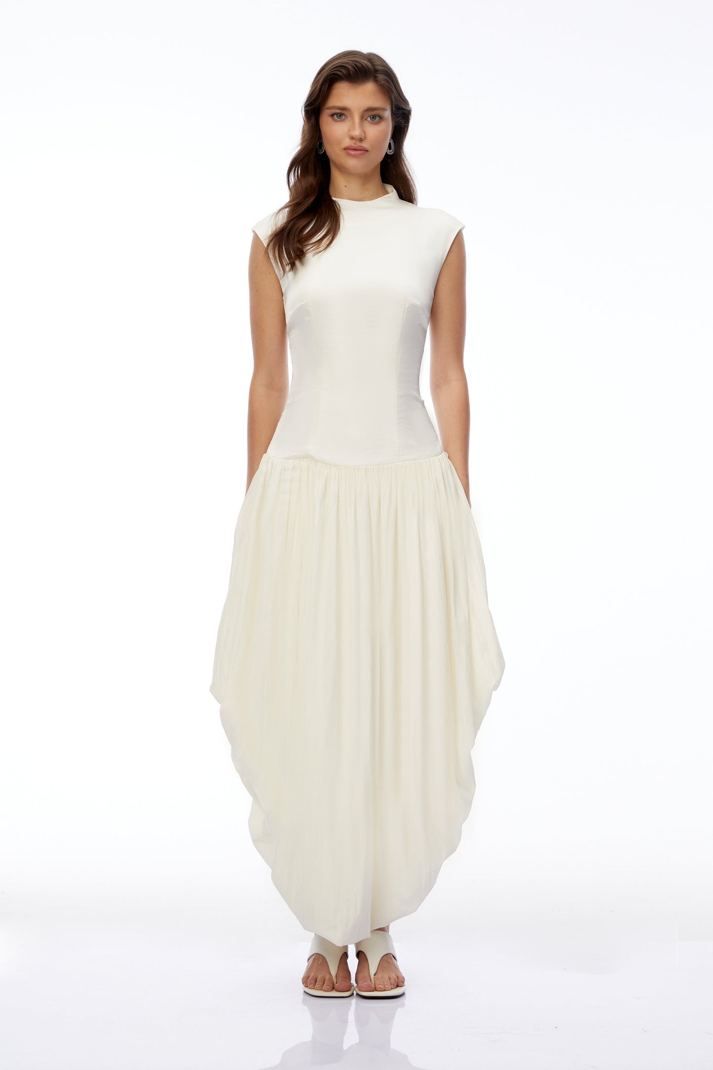 Xyla Ivory White Ruched Maxi Dress with Asymmetrical Hem
