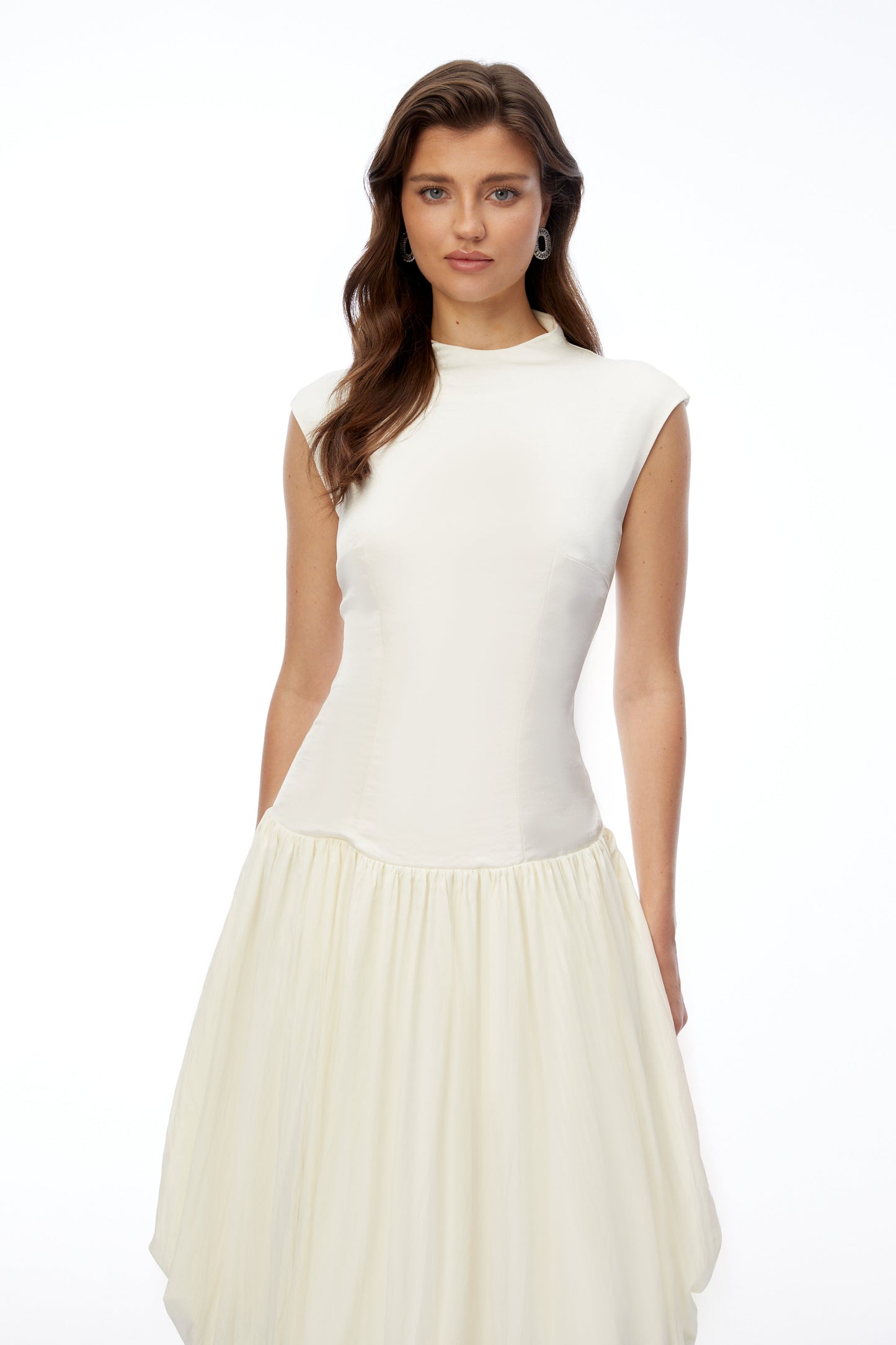Xyla Ivory White Ruched Maxi Dress with Asymmetrical Hem