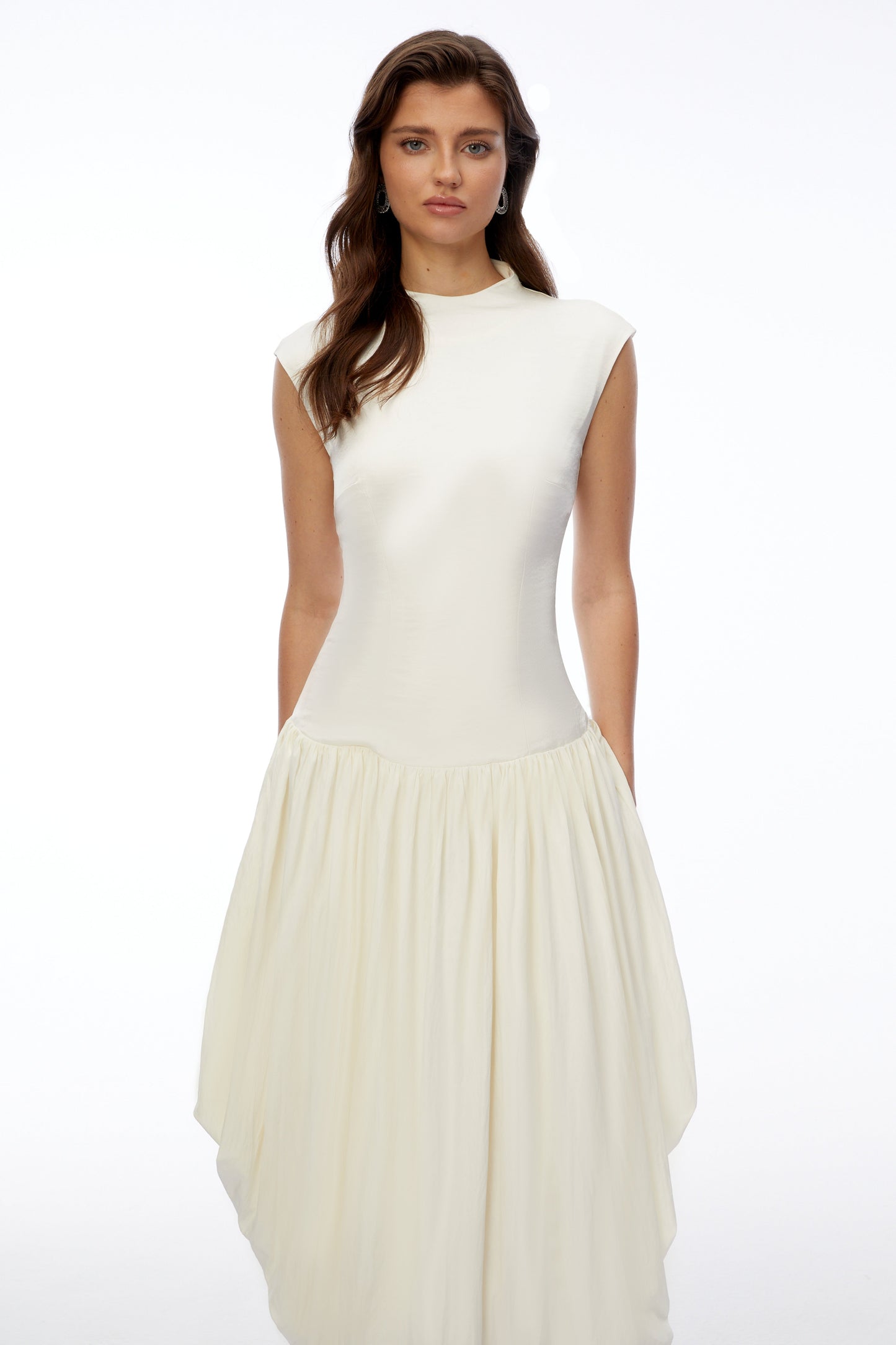 Xyla Ivory White Ruched Maxi Dress with Asymmetrical Hem