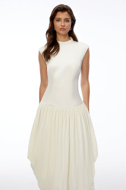 Xyla Ivory White Ruched Maxi Dress with Asymmetrical Hem