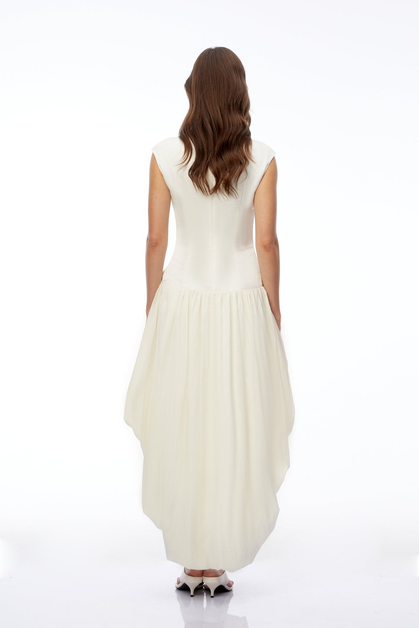Xyla Ivory White Ruched Maxi Dress with Asymmetrical Hem