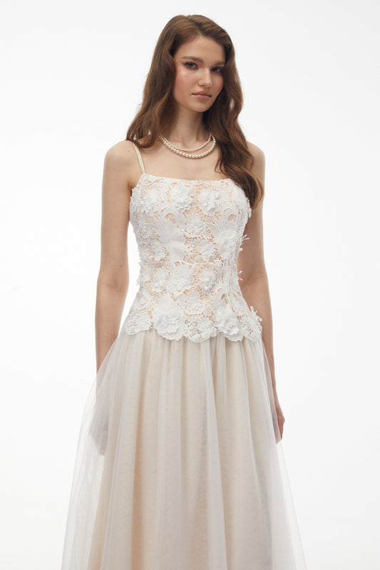 Yael White Lace Panel Tulle Midi Dress