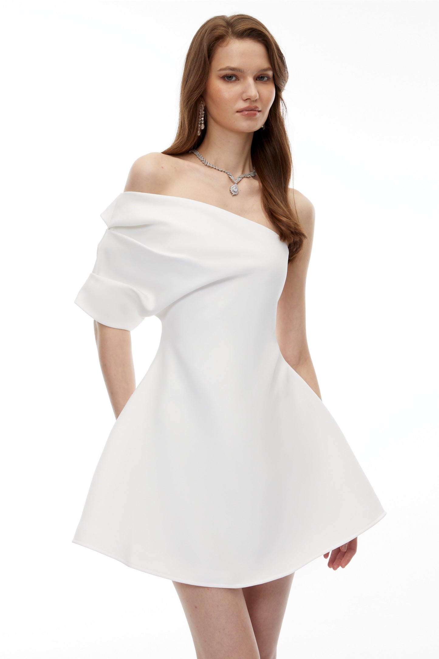Yaffa White One Sleeve Asymmetrical Mini Dress