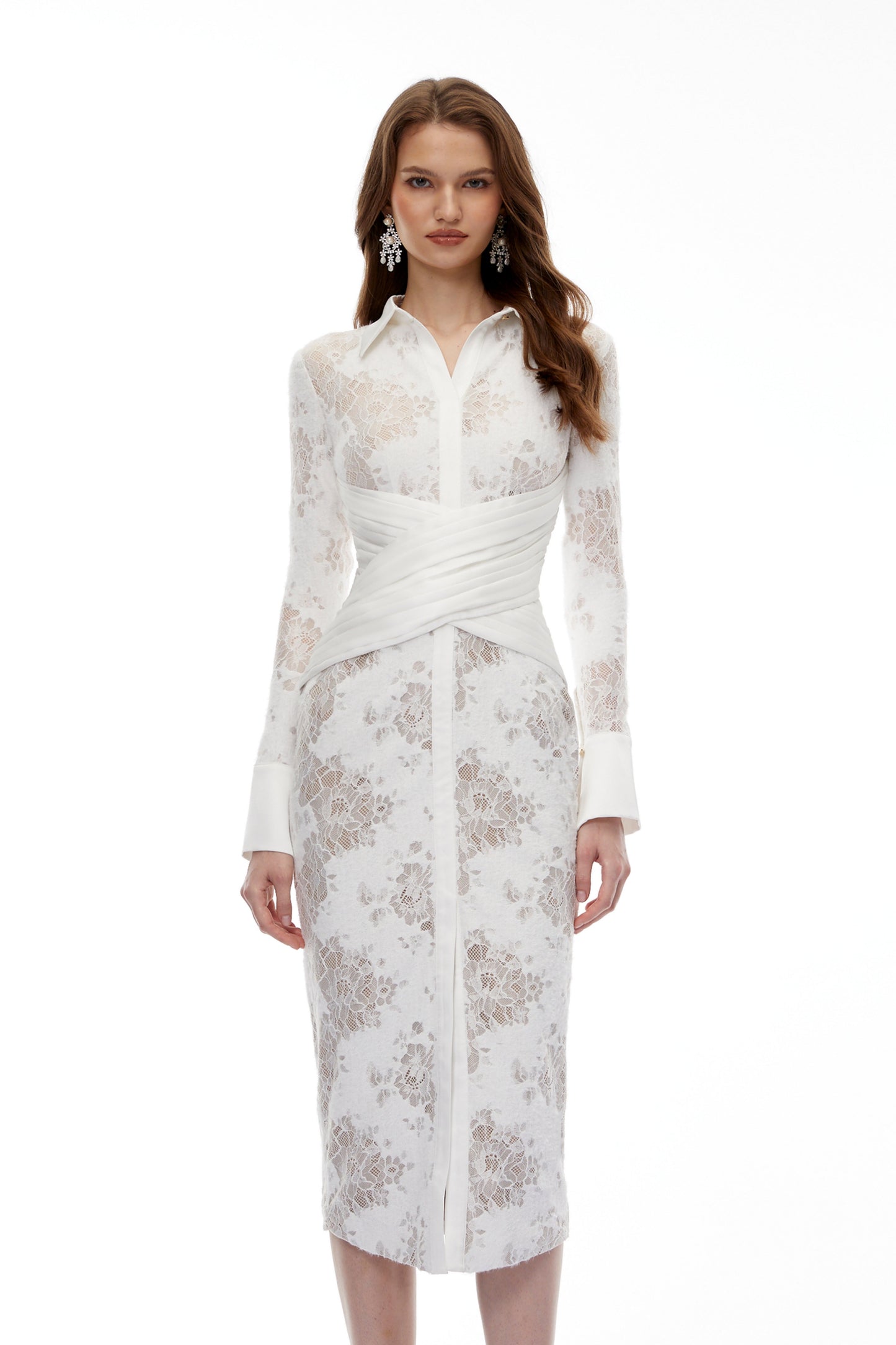 Yarden White Floral Lace Wrap Midi Dress