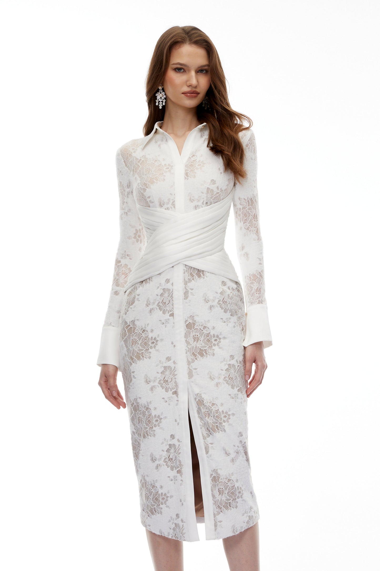 Yarden White Floral Lace Wrap Midi Dress