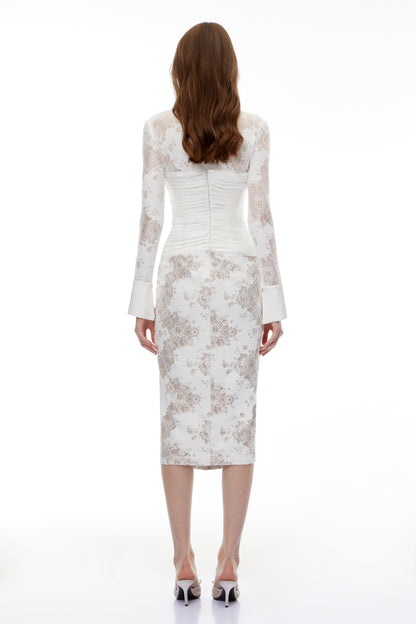 Yarden White Floral Lace Wrap Midi Dress
