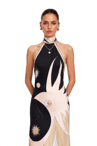 Yasmina Black Abstract Print Halterneck Midi Dress