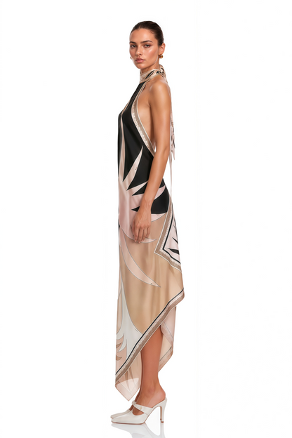 Yasmina Black Abstract Print Halterneck Midi Dress