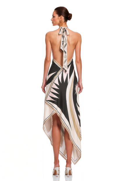 Yasmina Black Abstract Print Halterneck Midi Dress