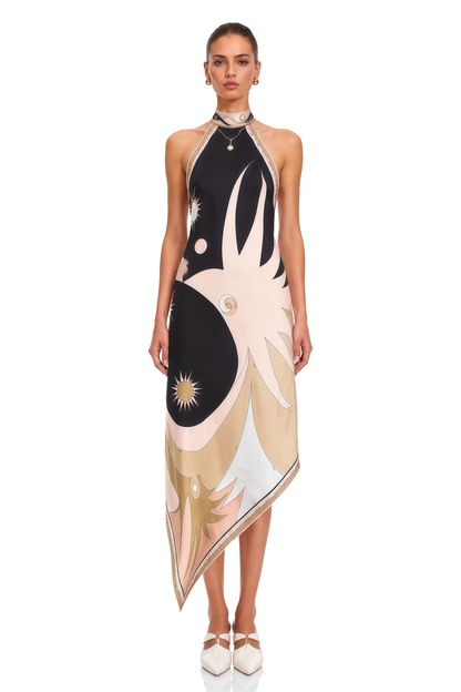 Yasmina Black Abstract Print Halterneck Midi Dress