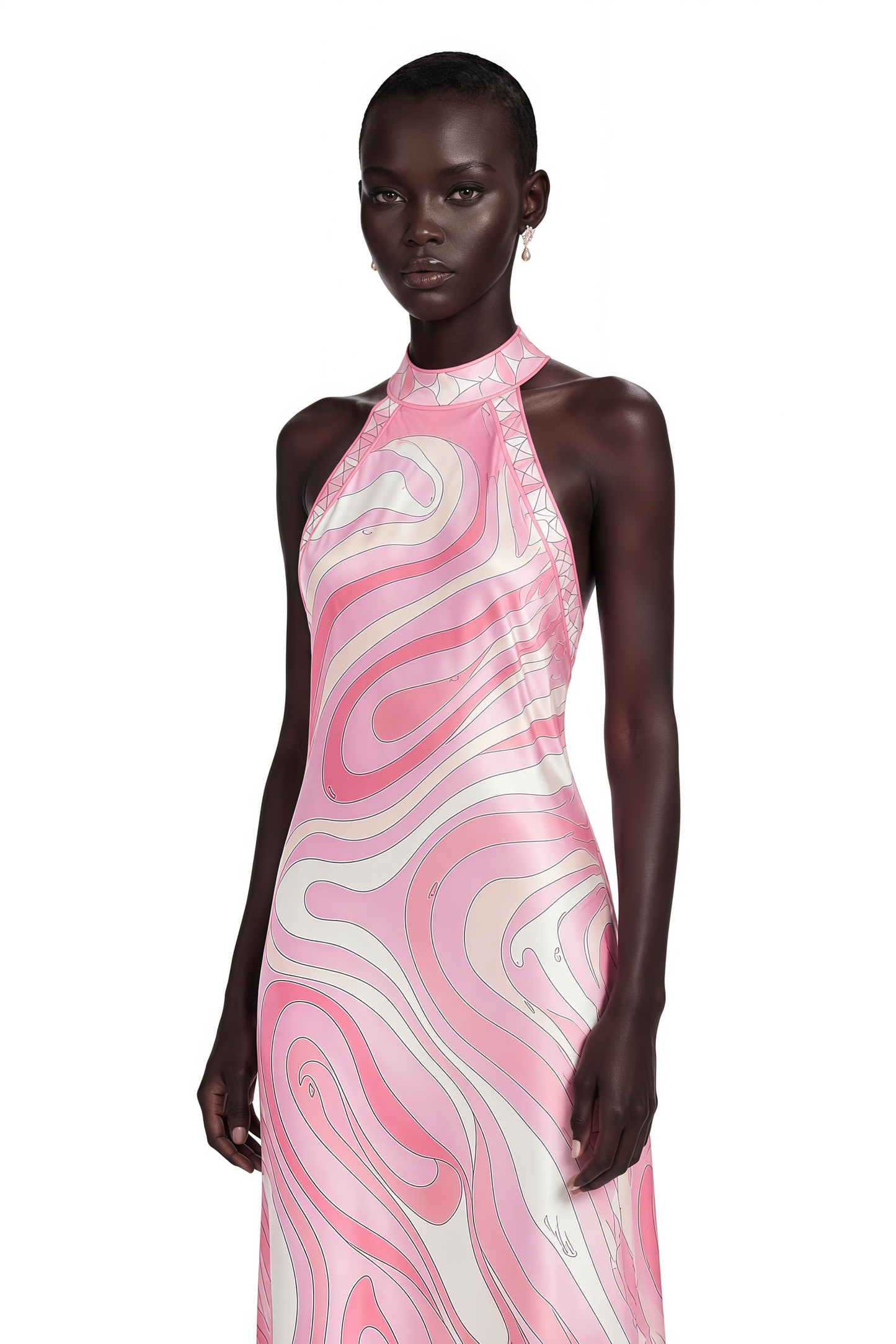 Yasmina Pink Abstract Print Halterneck Midi Dress