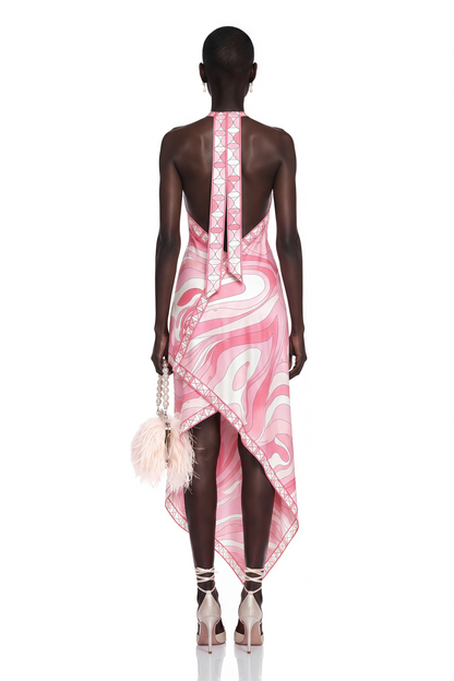 Yasmina Pink Abstract Print Halterneck Midi Dress