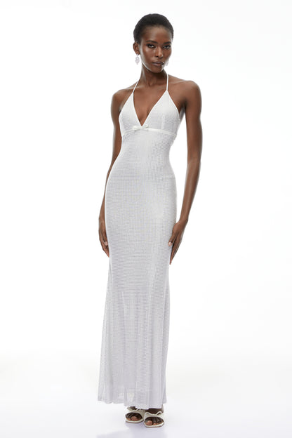 Yasmine Silver Rhinestone Embellished Maxi Dress