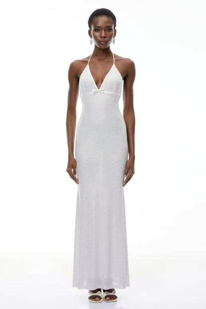 Yasmine Silver Rhinestone Embellished Maxi Dress