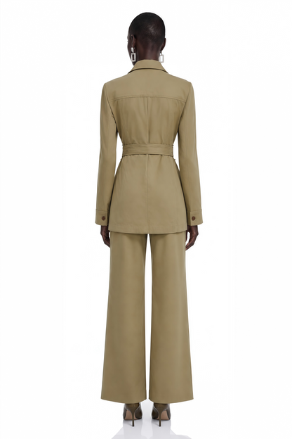 Ylfa Khaki Belted Jacket & Straight Leg Trousers Set